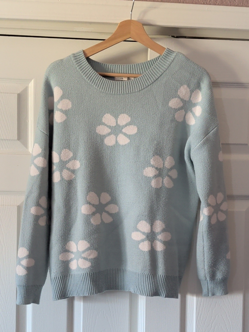 Maurices Pastel Blue Crewneck Sweater with White Floral Pattern